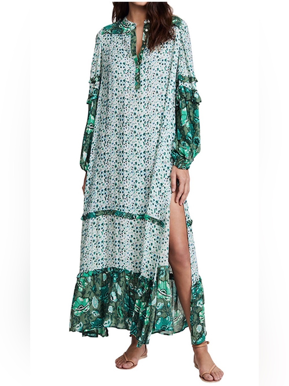 R. VIVIMOS green floral dress with side slit and ruffles size medium